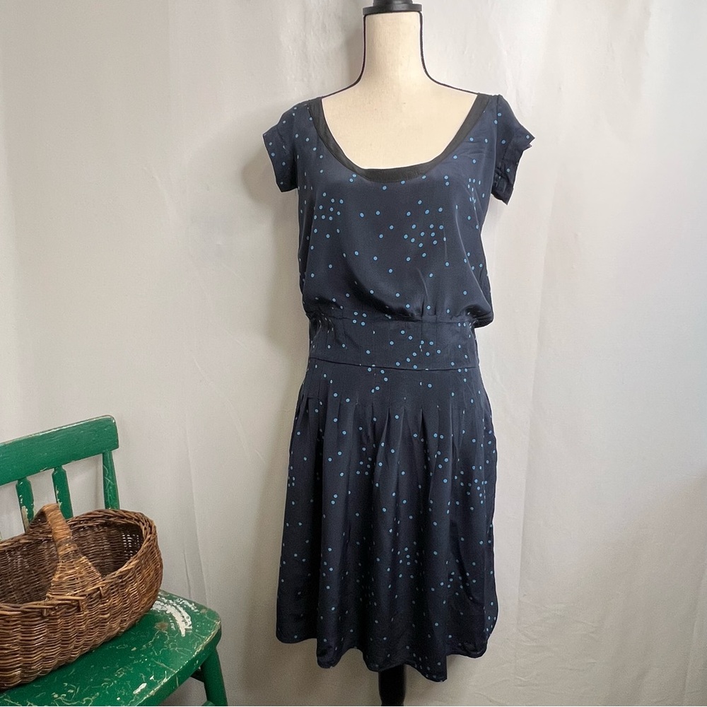 Geren Ford 100% Silk Blue Polka Dot Short Sleeved Drop Waist Dress Size Small